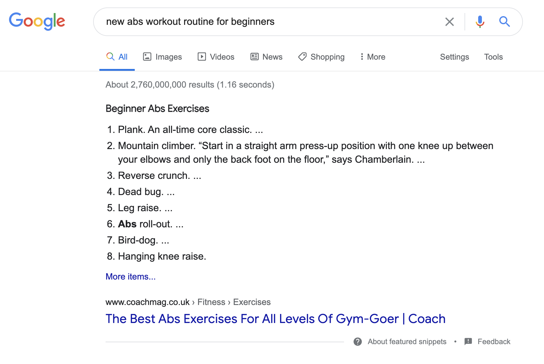 abs workout routine featured snippet